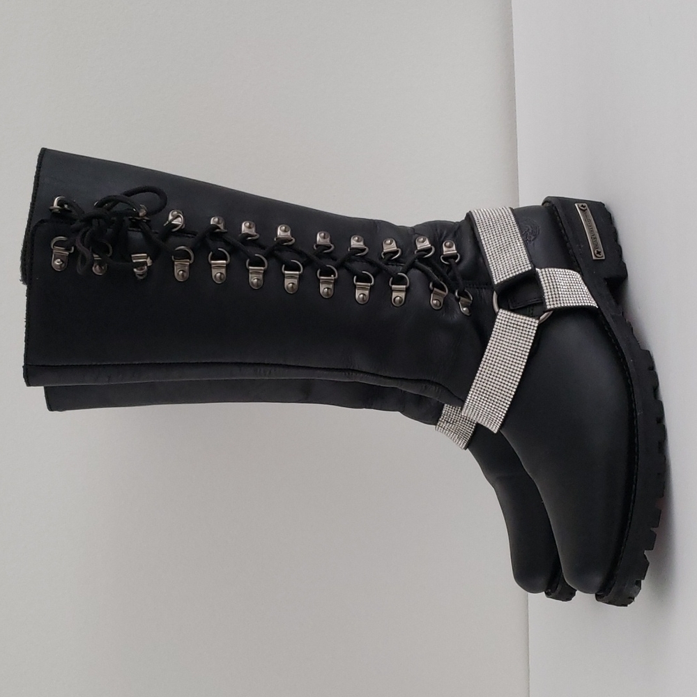 Milwaukee tall leather lace-up harness boots with bling